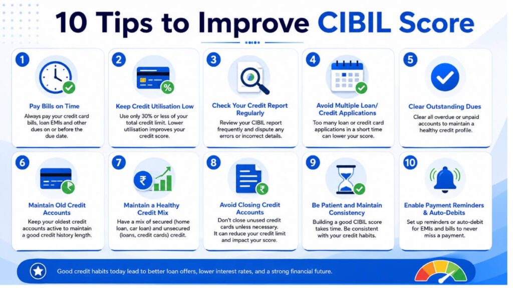 10 tips to improve CIBIL score infographic including timely payments, low utilisation and credit report check