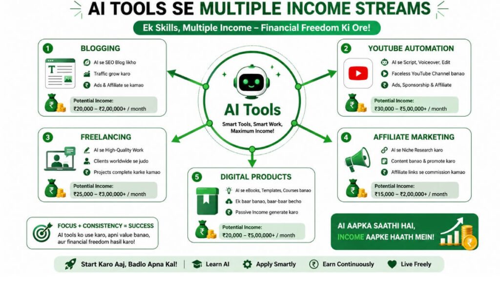 AI tools se multiple income streams blogging YouTube freelancing affiliate marketing 2026