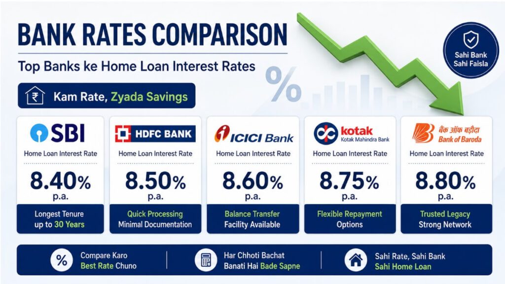 Top banks home loan interest rates comparison 2026 India SBI HDFC ICICI Kotak Bank of Baroda