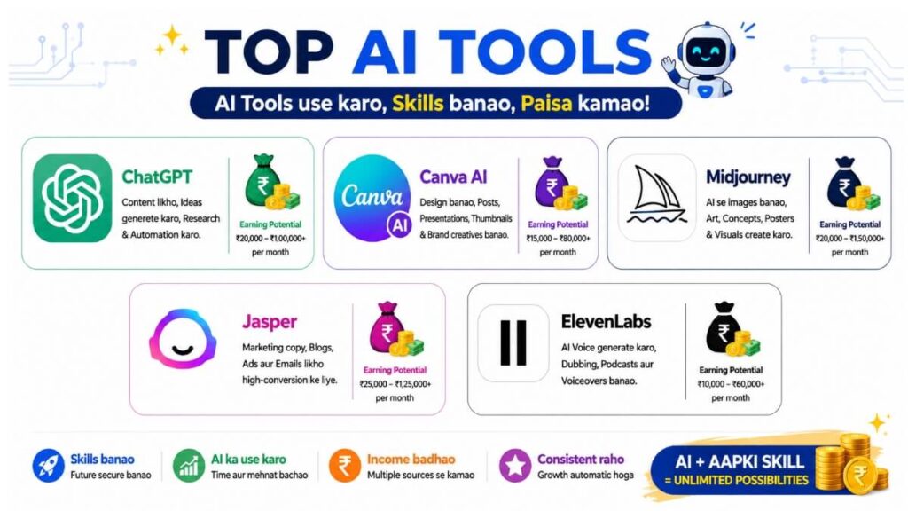 Best AI tools online earning India 2026 ChatGPT Canva Jasper ElevenLabs Midjourney
