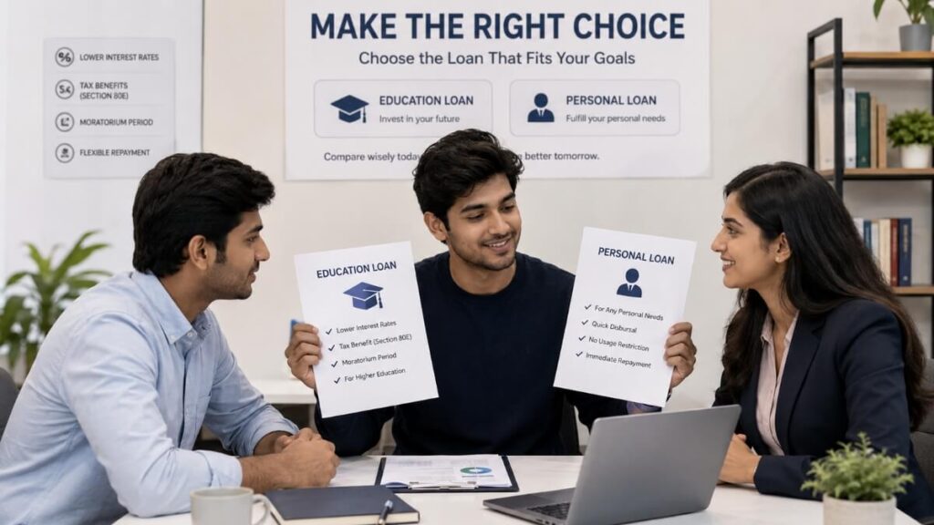Students comparing education loan and personal loan features in India