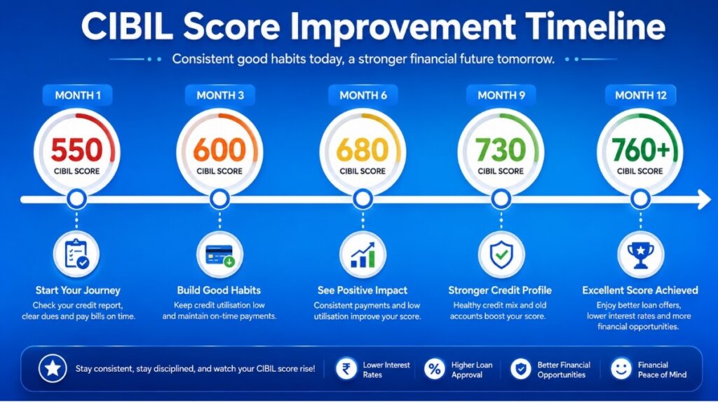 CIBIL score improvement timeline from 550 in month 1 to 760 plus in month 12