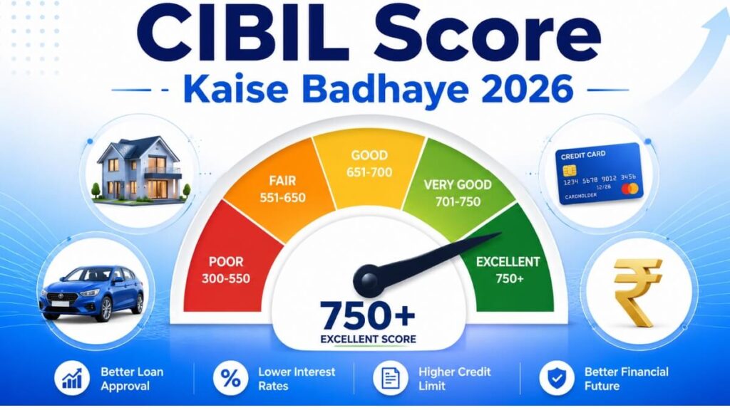 CIBIL score kaise badhaye 2026 infographic with score meter pointing to 750 excellent score