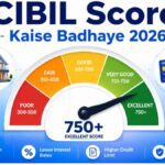 CIBIL score kaise badhaye 2026 infographic with score meter pointing to 750 excellent score