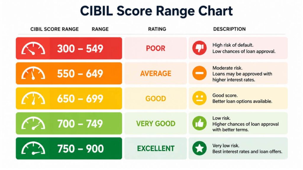 CIBIL score range chart showing poor to excellent ratings from 300 to 900