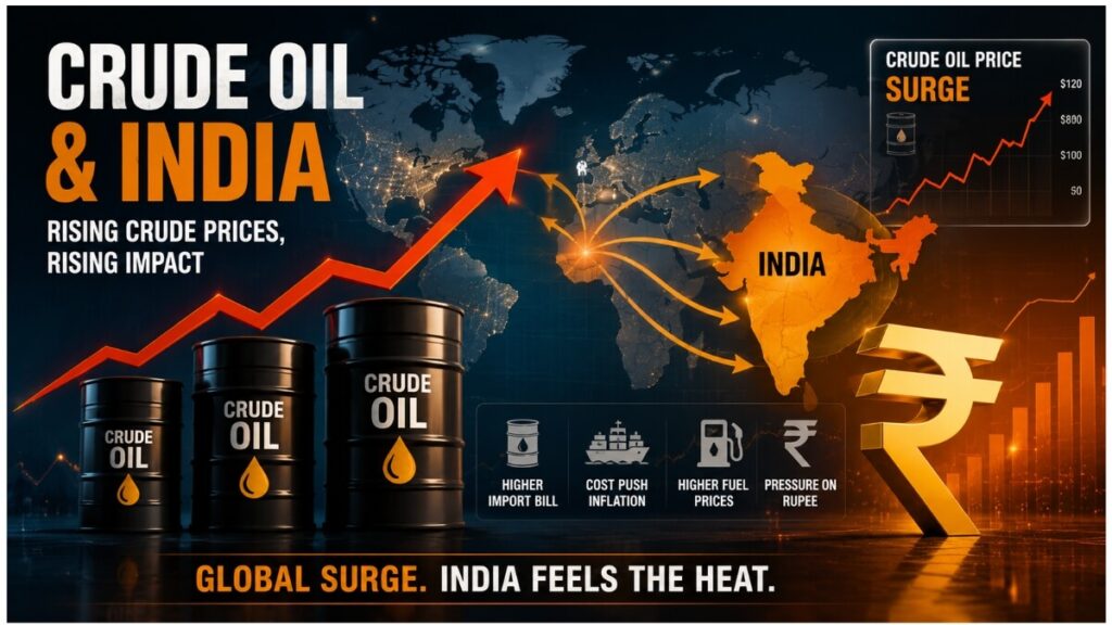 crude oil price surge effect on India petrol diesel prices inflation and rupee 2026