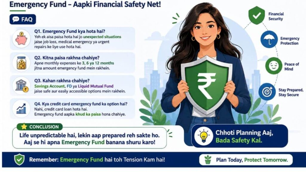 Emergency fund FAQ aur conclusion — Indian woman financial safety net ke saath emergency protection aur peace of mind