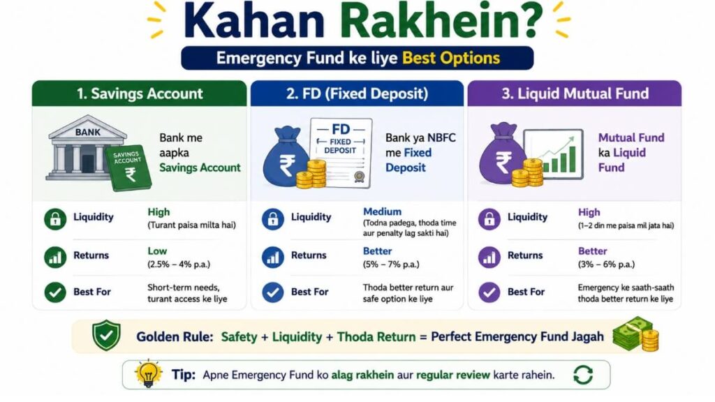 Emergency fund kahan rakhein — Savings Account, FD aur Liquid Mutual Fund comparison India 2026