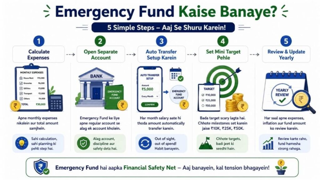 Emergency fund kaise banaye 2026 — 5 simple steps calculate expenses se yearly review tak India mein