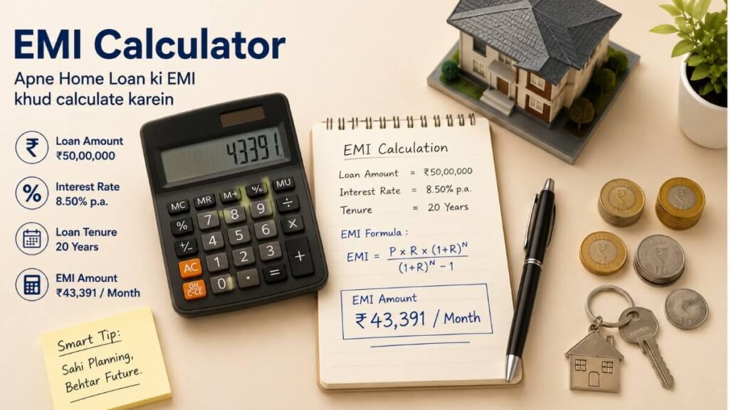 Home loan EMI calculator 2026 India showing ₹43391 monthly EMI for ₹50 lakh loan