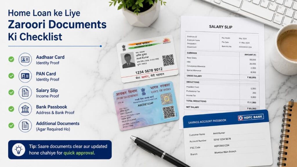 Home loan documents checklist India 2026 showing Aadhaar PAN salary slip bank passbook