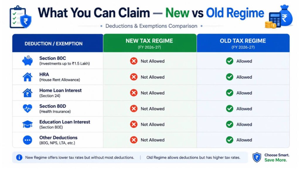 new vs old tax regime deductions comparison 2026 section 80c hra home loan