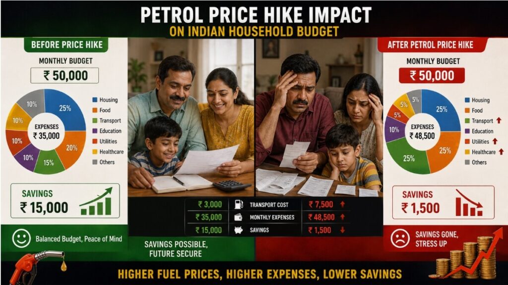 petrol price hike impact on Indian household monthly budget before and after comparison