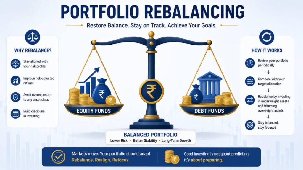 Balanced scale showing equity funds and debt funds for portfolio rebalancing
