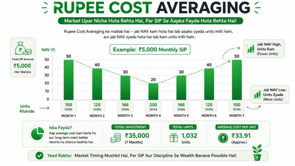 Rupee cost averaging chart — best SIP for students India mein market upar niche hone par units ka fark