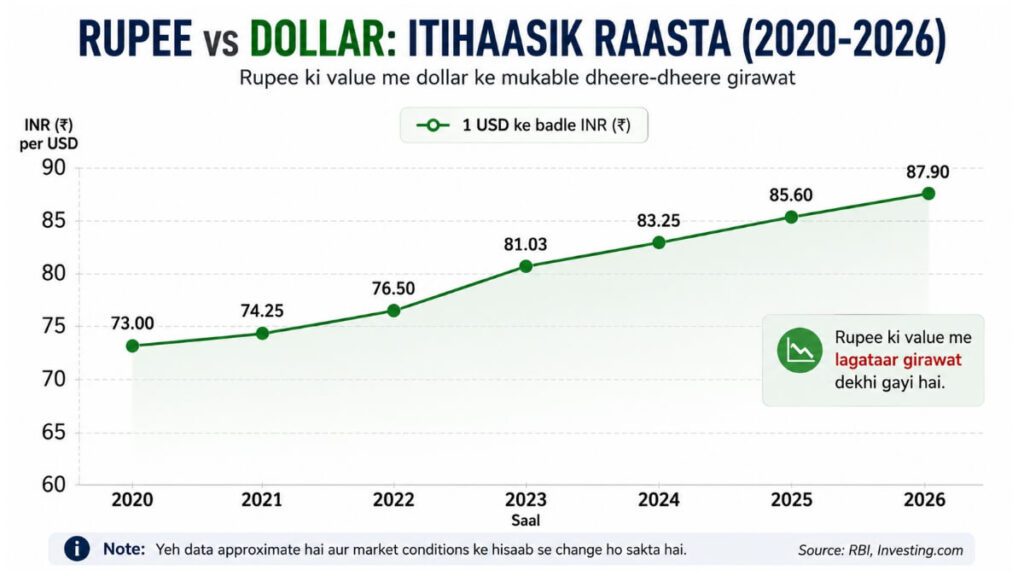 rupee dollar rate 2020 se 2026 tak ka chart