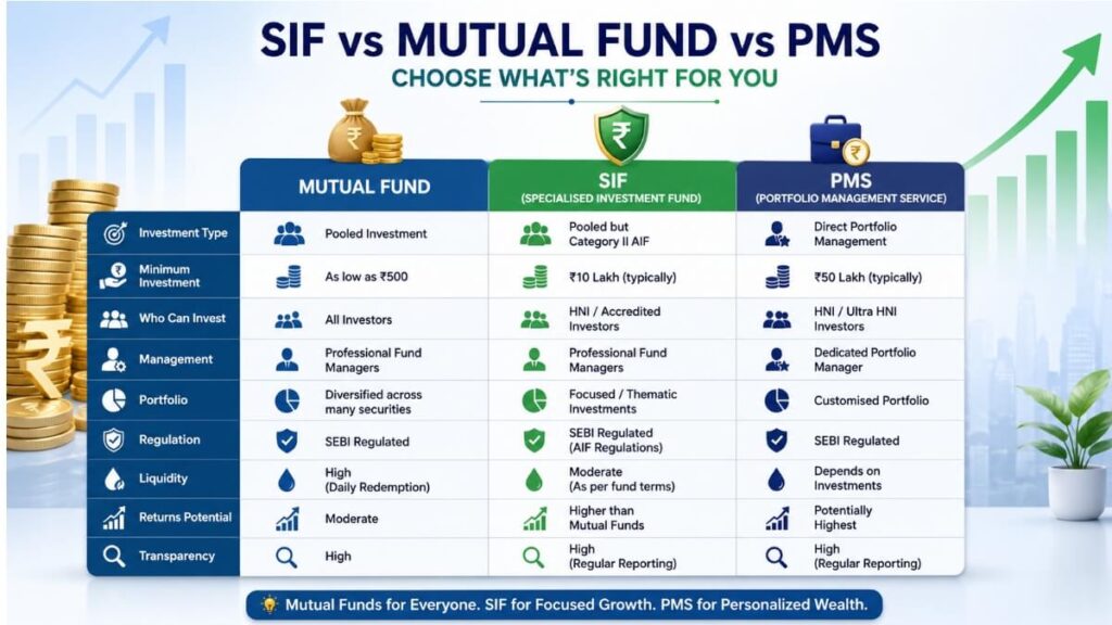 SIF vs Mutual Fund vs PMS comparison table India 2025