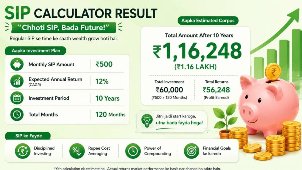 SIP calculator result — ₹500/month 10 saal mein ₹1.16 lakh corpus best SIP for students India
