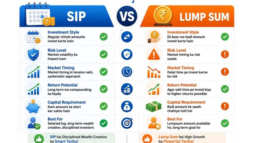 SIP vs Lump Sum comparison table — risk, returns, market timing, capital requirement Hindi mein
