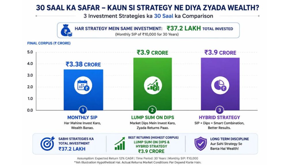SIP vs Lump Sum investment kaun sa better hai 2026 mein — 3 strategy comparison chart