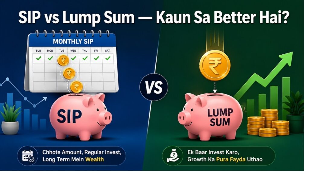 vs Lump Sum kaun sa better hai — monthly SIP piggy bank aur lump sum coin comparison