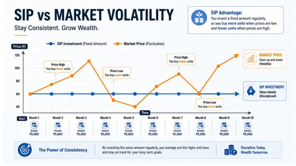 SIP investment graph showing rupee cost averaging against market price fluctuations