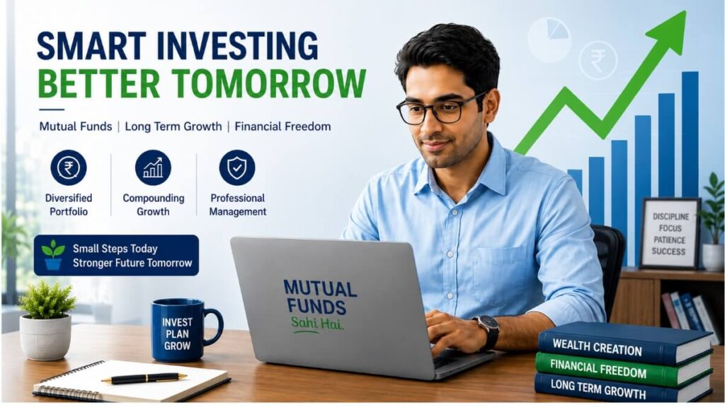 Indian investor reviewing mutual fund SIP investments on laptop with growth chart