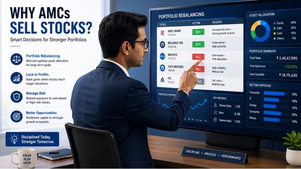 Should You Stop or Continue SIP Investments When Mutual Funds Sell Heavily?Fund manager analyzing portfolio rebalancing dashboard showing buy and sell decisions