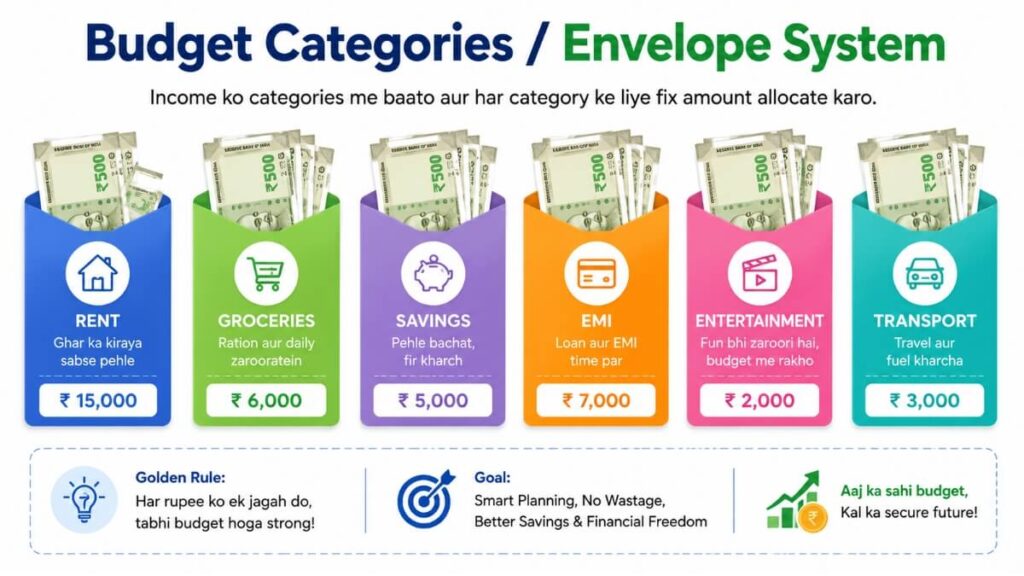 Zero based budgeting in Hindi categories envelope system — rent groceries savings EMI transport