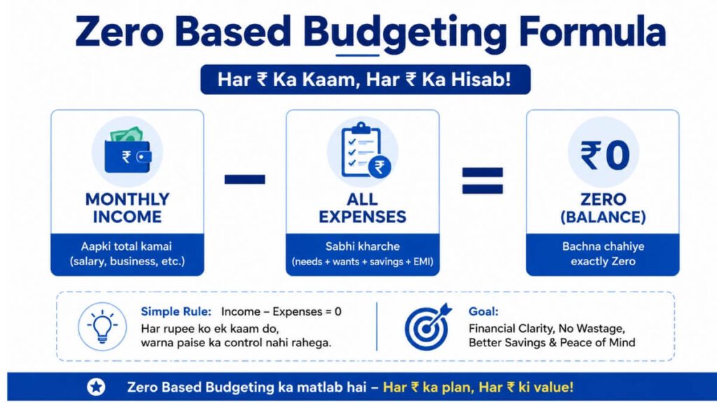Zero based budgeting formula — monthly income minus all expenses equals zero