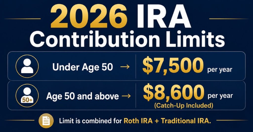 2026 Roth IRA and Traditional IRA contribution limits infographic showing annual contribution limits of $7,500 for individuals under age 50 and $8,600 for age 50 and older, including catch-up contributions.