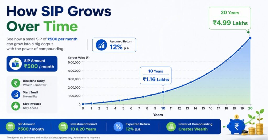 SIP growth chart showing ₹500 per month growing to ₹1.16 lakhs in 10 years and ₹4.99 lakhs in 20 years