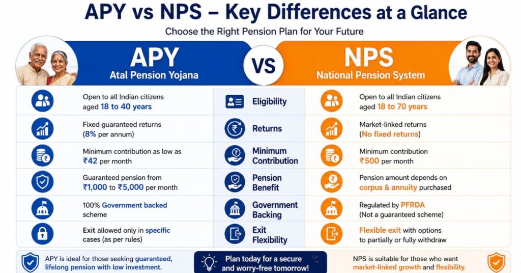 Atal Pension Yojana 2026 vs NPS comparison showing differences in eligibility returns and contribution for Indian investors
