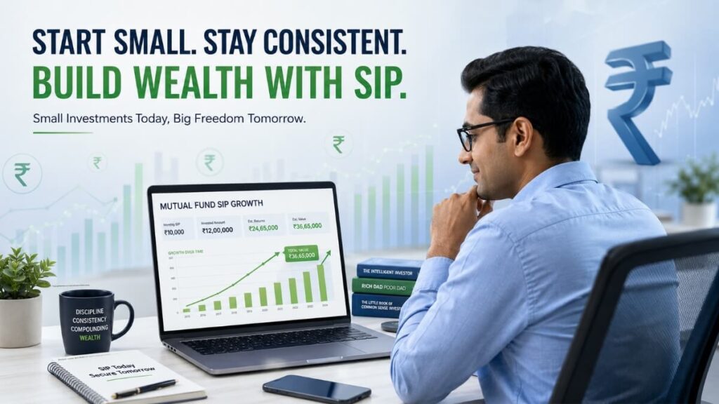 Best SIP plan to invest now in India 2026 showing investor tracking mutual fund SIP growth on laptop