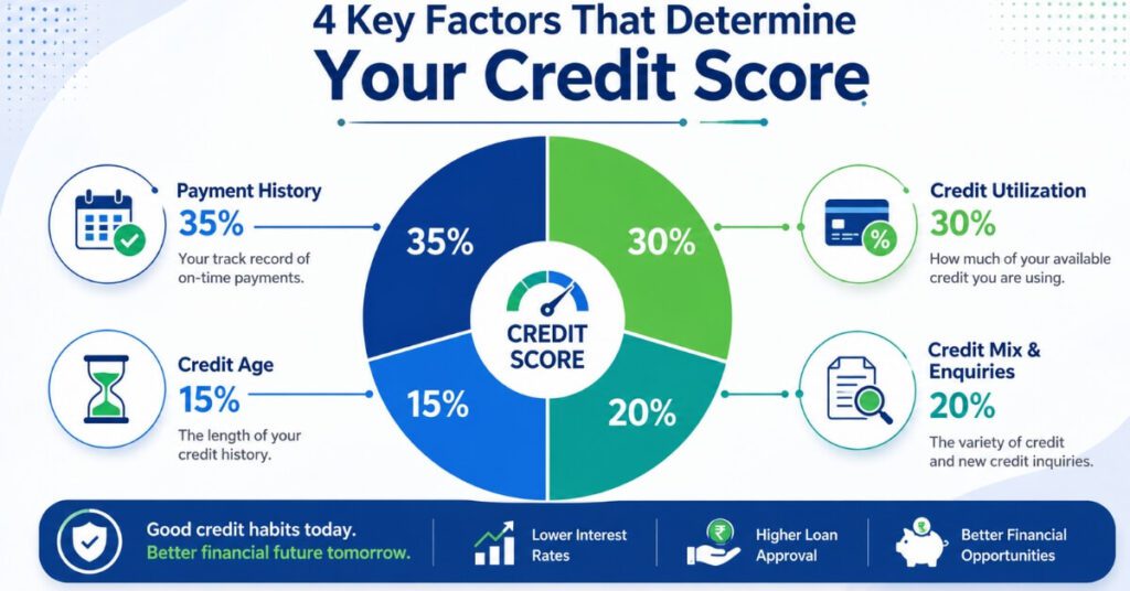 Credit score factors in India — payment history, credit utilization, credit age, credit mix