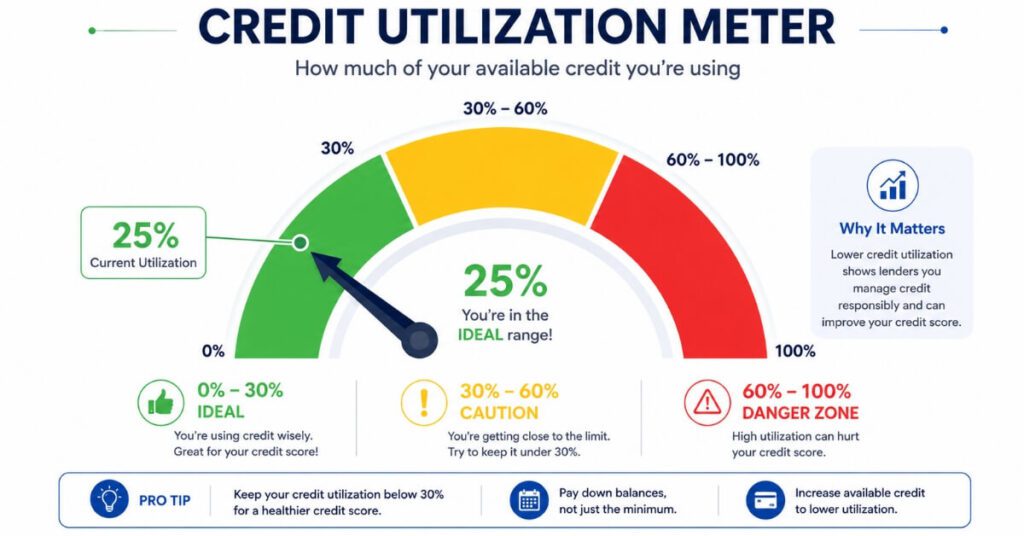 Keep credit utilization below 30% to improve credit score fast