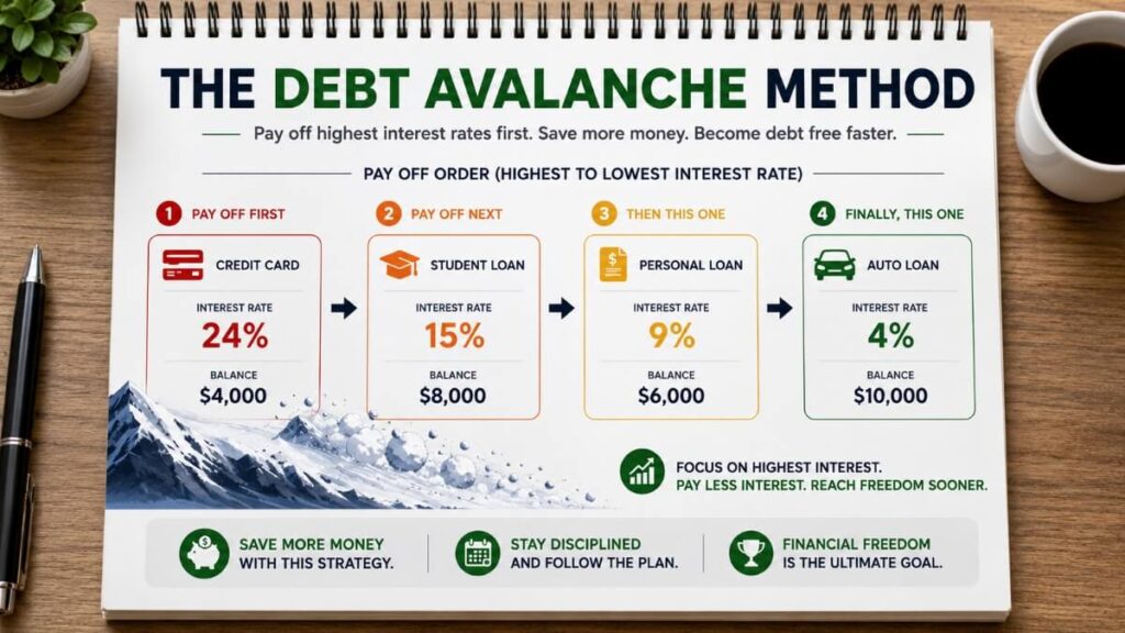 Debt avalanche method pay off highest interest rate first infographic 2026