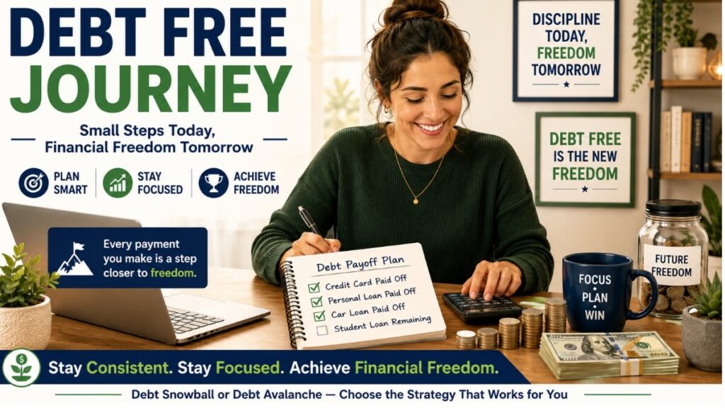 Woman planning debt payoff journey using debt snowball or avalanche method