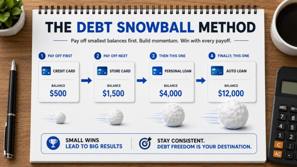 Debt snowball method pay off smallest balance first infographic 2026