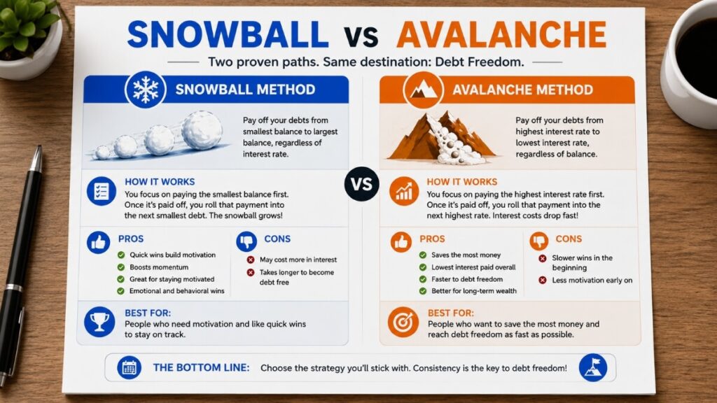 Debt snowball vs avalanche method comparison pros cons which is better 2026