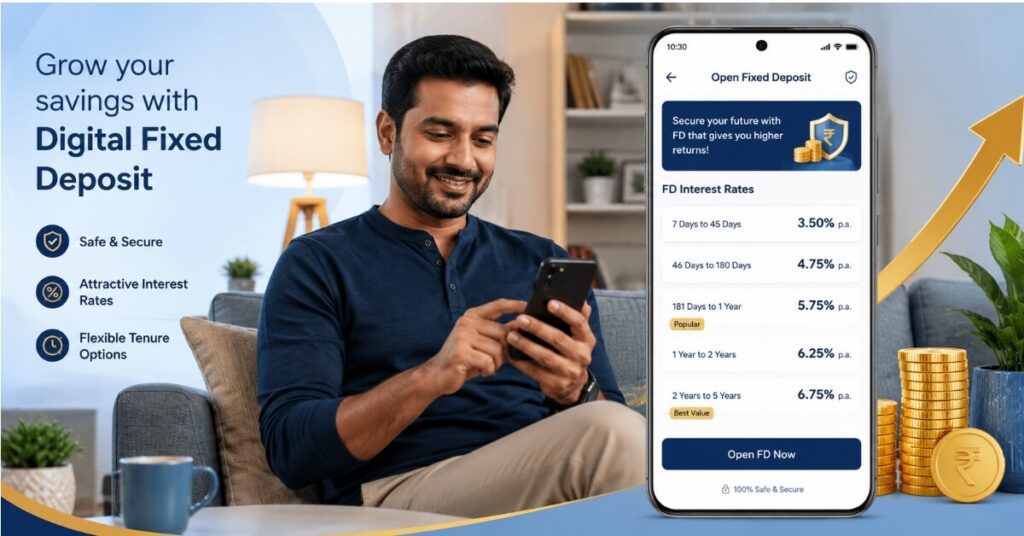 Man opening digital fixed deposit on smartphone in India 2026