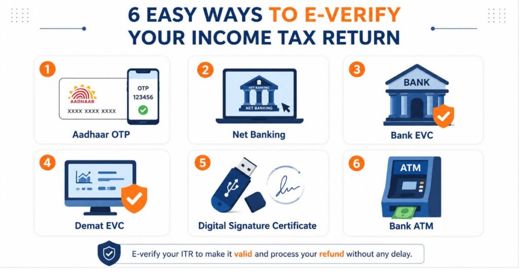 six methods to e-verify ITR in India including Aadhaar OTP and net banking