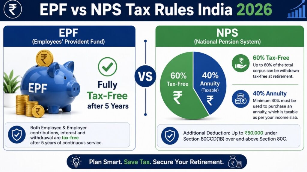 EPF vs NPS tax rules India 2026 fully tax free after 5 years 60 percent tax free withdrawal