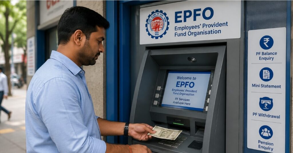 Indian worker using EPFO ATM card for PF withdrawal