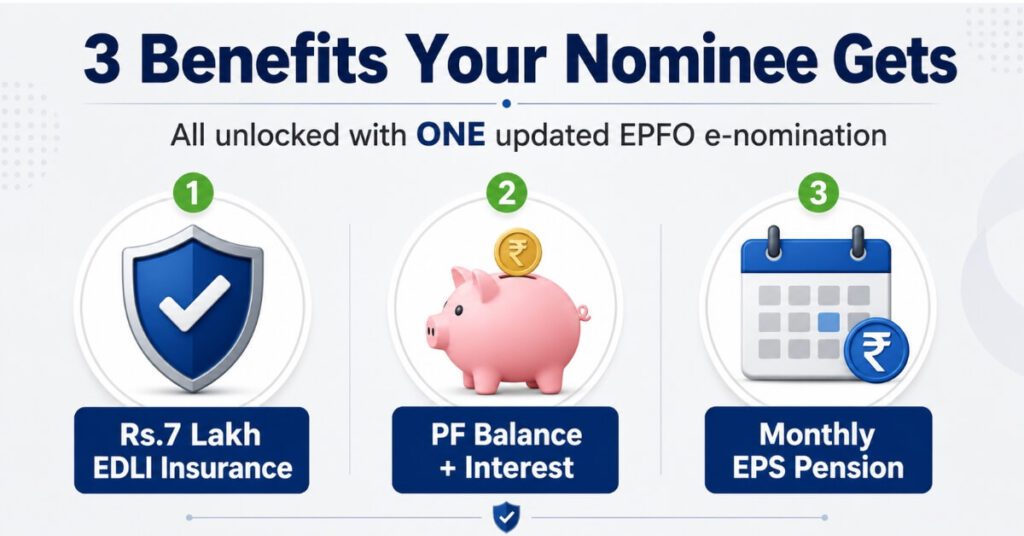 EPFO e-nomination benefits — Rs.7 lakh EDLI insurance, PF balance and monthly EPS pension