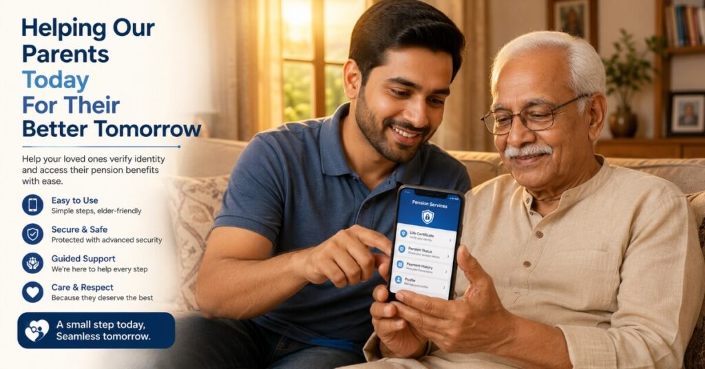 Family member assisting pensioner with EPFO life certificate online