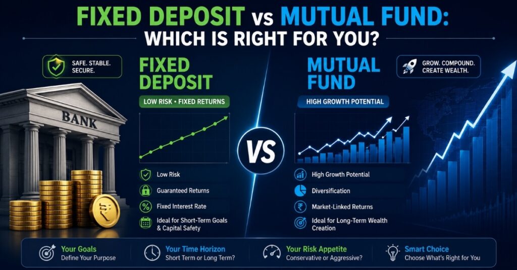 Fixed deposit vs mutual fund comparison infographic showing key differences