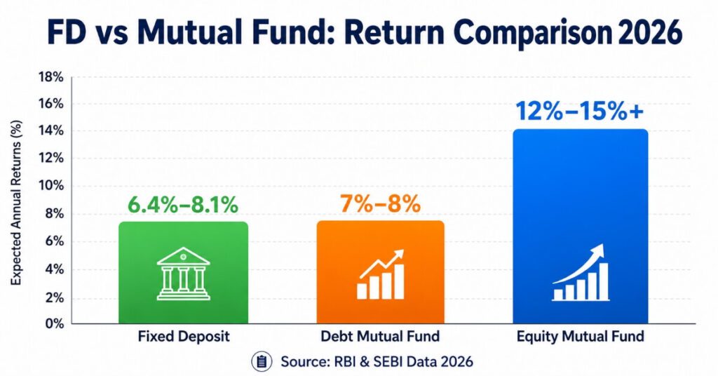 Bar chart comparing fixed deposit vs mutual fund returns in 2026