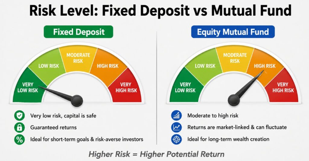 Risk meter showing fixed deposit vs mutual fund risk levels
