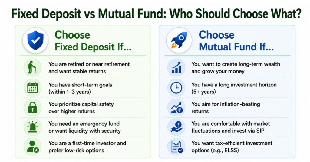 Guide showing who should choose fixed deposit vs mutual fund